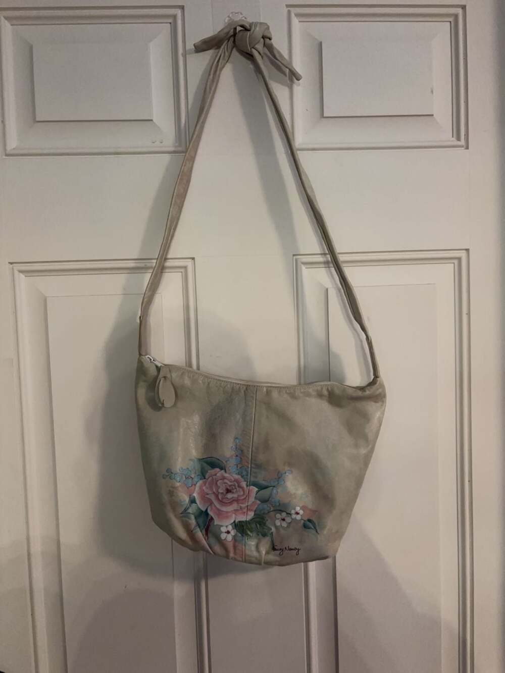 Fancy Nancy Hand-Painted Floral Leather Shoulder Bag